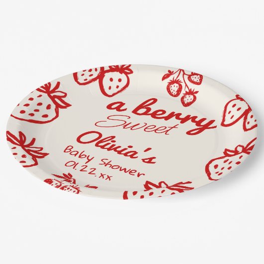 ベリーの甘い手を引いたイチゴの赤ちゃんシャワー ペーパープレート (アングル)