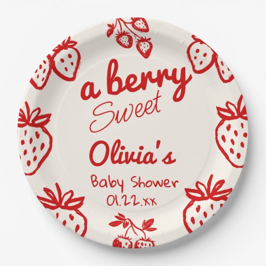 ベリーの甘い手を引いたイチゴの赤ちゃんシャワー ペーパープレート (正面)