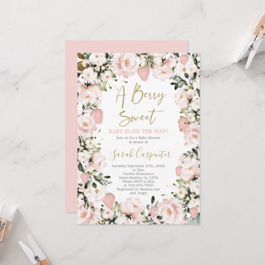 ベリーの甘い赤ちゃんシャワーの女の子 招待状 (正面/裏面インサイチュ)