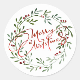 ベリーの花輪 グラデーション 赤 スクリプト メリークリスマス ラウンドシール