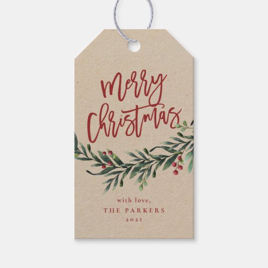 ベリーの贈り物と一緒に楽しいクリスマスブランチをスクリプト ギフトタグ (正面)
