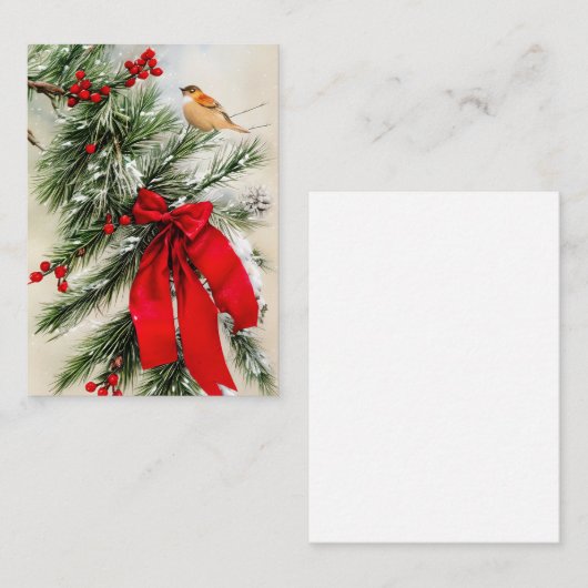 ベリーの鳥と弓の予算ミニクリスマス ノートカード (正面/裏面)