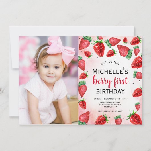 ベリーの1歳の誕生日パーティーへようこそ いちごの誕生日 招待状 (正面)