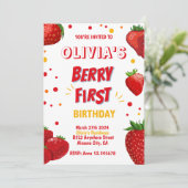 ベリーの1歳の誕生日招待状 ストロベリーパーティ 招待状 (スタンド正面)