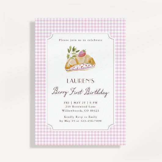 ベリーの1歳の誕生日 ピンクのギンガムストロベリー 招待状