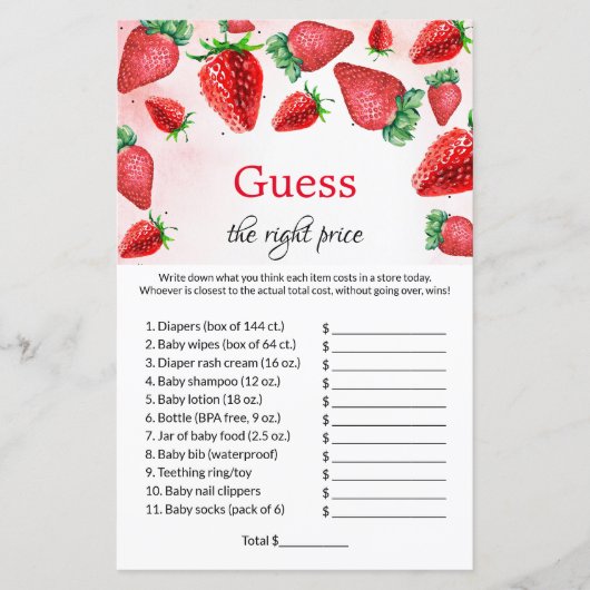 ベリーは適切な価格を推測ベビーシャワーゲーム (正面)