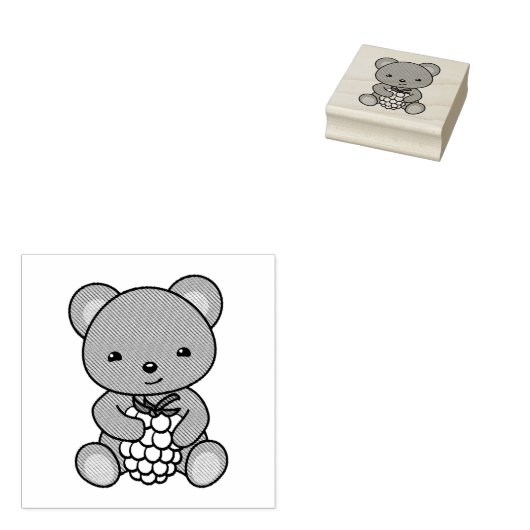 ベリーを持つかわいいテディベア ラバースタンプ (押印)