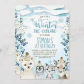 ベリーアークティックアニマルズウィンターオンダーランド誕生日 招待状 (正面/裏面)