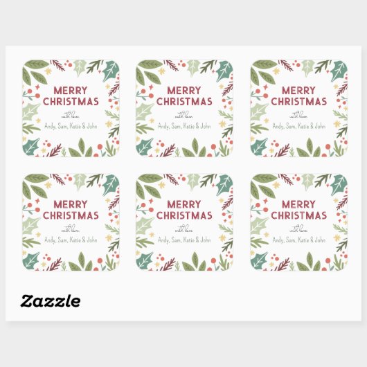 ベリーカラフルの葉メリークリスマスファミリーギフト スクエアシール (シート)