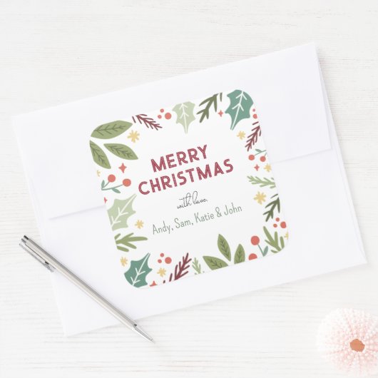 ベリーカラフルの葉メリークリスマスファミリーギフト スクエアシール (封筒)