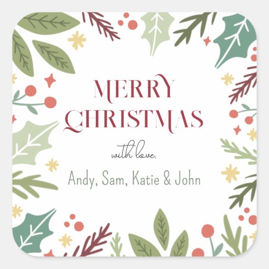 ベリーカラフルの葉メリークリスマスファミリーギフト スクエアシール (正面)