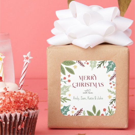 ベリーカラフルの葉メリークリスマスファミリーギフト スクエアシール (パーティー)