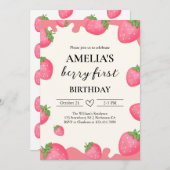 ベリーキュートガールストロベリー1st誕生日招待状 招待状 (正面/裏面)