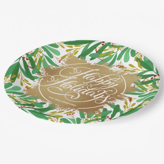 ベリーグリーンリーフェイク金ゴールドフォイルハッピーホリデー ペーパープレート (アングル)