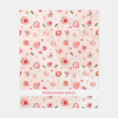 ベリースイートウォーターカラーイチゴハート フリースブランケット (正面)