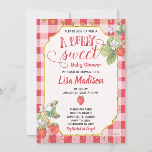 ベリースイートウォーターカラーストロベリーベビーシャワー 招待状 (正面)