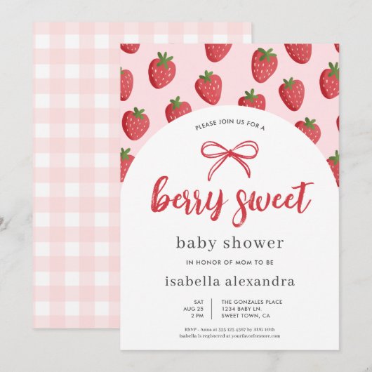 ベリースイートガールピンクボウストロベリーベビーシャワー 招待状 (正面/裏面)