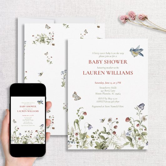 ベリースイートストロベリーウォーター色ベビーシャワー 招待状