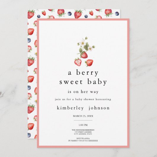 ベリースイートストロベリーガールベビーシャワー招待状 招待状 (正面/裏面)