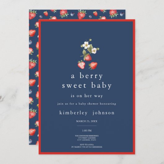 ベリースイートストロベリーガールベビーシャワー招待状 招待状 (正面/裏面)