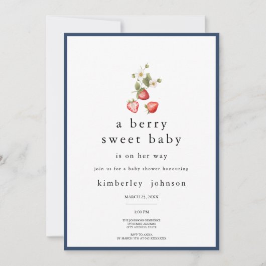ベリースイートストロベリーガールベビーシャワー招待状 招待状 (正面)