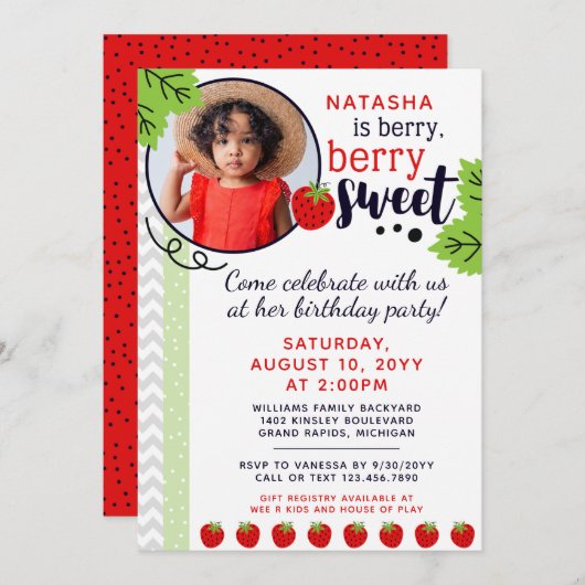 ベリースイートストロベリーキッズバースデーパーティー 招待状 (正面/裏面)