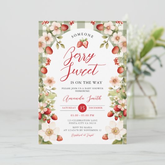 ベリースイートストロベリーギンガムフローラベビーシャワー 招待状 (スタンド正面)