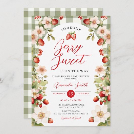 ベリースイートストロベリーギンガムフローラベビーシャワー 招待状 (正面/裏面)