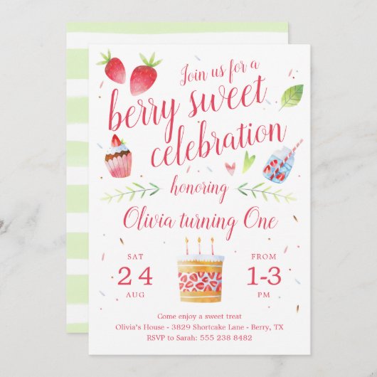 ベリースイートストロベリーバースデーパーティーの招待 (正面/裏面)