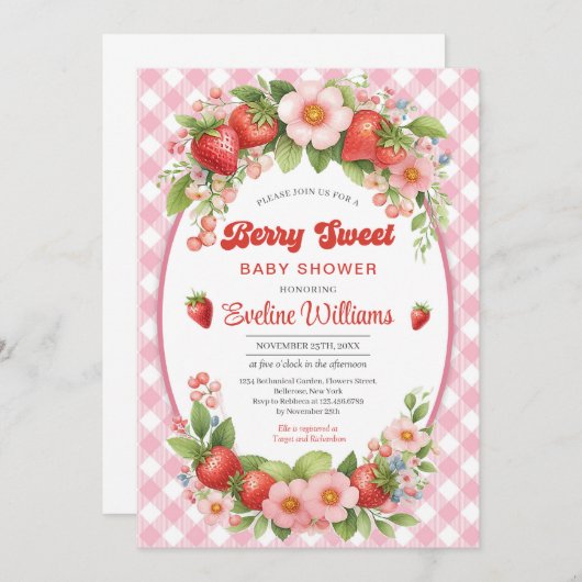 ベリースイートストロベリーピンクベビーシャワー招待状 招待状 (正面/裏面)