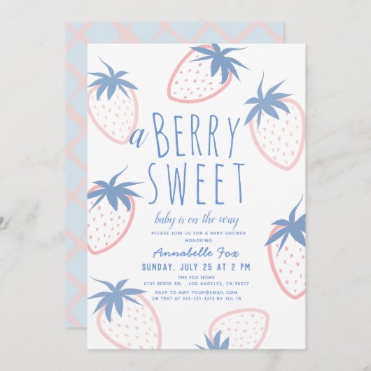 ベリースイートストロベリーピンク白ベビーシャワー 招待状 (正面/裏面)