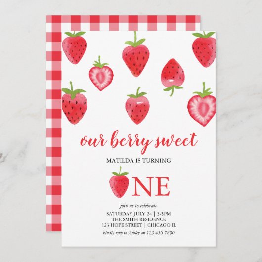 ベリースイートストロベリーファースト誕生日招待状 招待状 (正面/裏面)