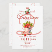 ベリースイートストロベリーベビーガールバースデーパーティー 招待状 (正面/裏面)