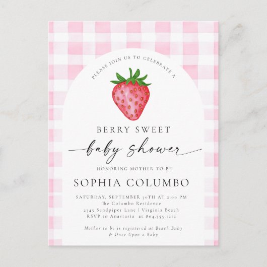 ベリースイートストロベリーベビーシャワー招待状 ポストカード (正面)