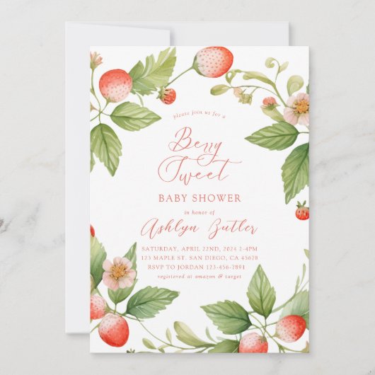 ベリースイートストロベリーベビーシャワー招待状 招待状 (正面)