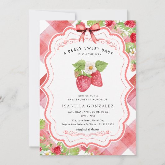 ベリースイートストロベリーレッドギンガムベビーシャワー 招待状 (正面)