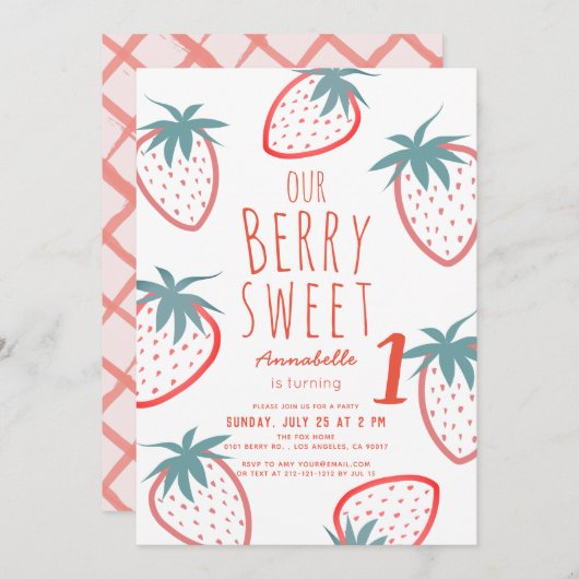 ベリースイートストロベリーレッドホワイト1st誕生日 招待状 (正面/裏面)