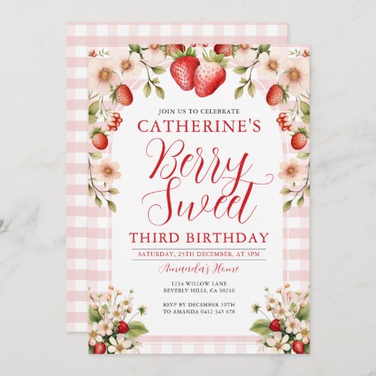 ベリースイートストロベリー3rd誕生日パーティーフローラ 招待状 (正面/裏面)