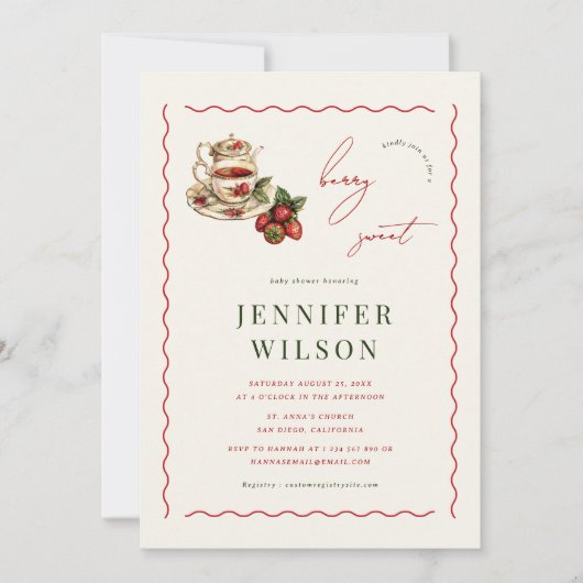 ベリースイートティーパーティーストロベリーベビーシャワー 招待状 (正面)