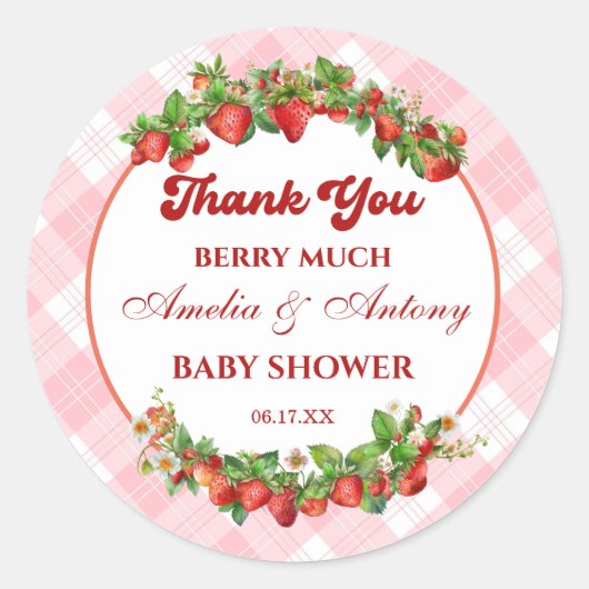 ベリースイートピンクいちご赤ちゃんシャワーありがとう ラウンドシール (正面)