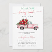 ベリースイートピンクのトラック赤いちご赤ちゃんシャワー 招待状 (正面)