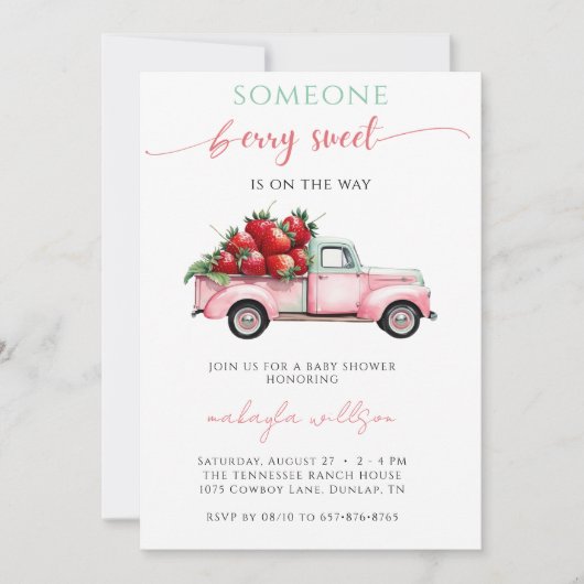 ベリースイートピンクのトラック赤いちご赤ちゃんシャワー 招待状 (正面)