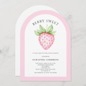 ベリースイートピンクストロベリーアーチガールベビーシャワー 招待状 (正面/裏面)