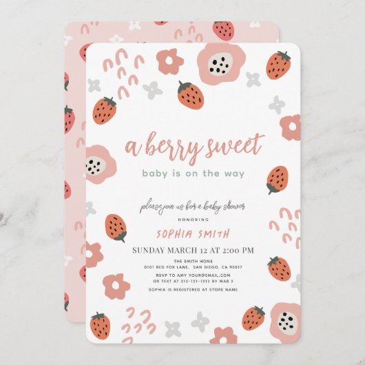 ベリースイートピンクストロベリーガールベビーシャワー 招待状 (正面/裏面)