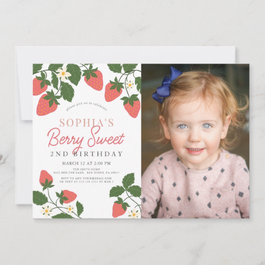 ベリースイートピンクストロベリーフォト2nd誕生日 招待状 (正面)