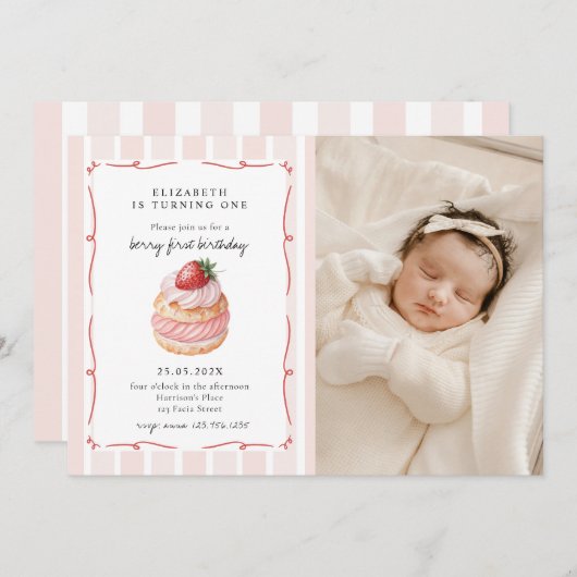 ベリースイートピンクフォトファースト誕生日 招待状 (正面/裏面)