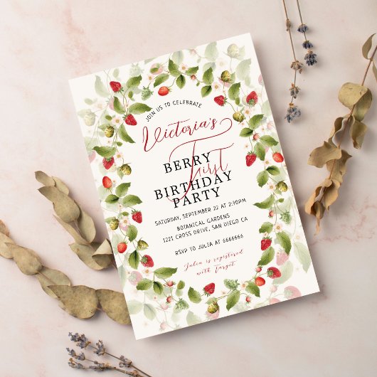 ベリースイートフレッシュワイルドストロベリーフォト誕生日 招待状