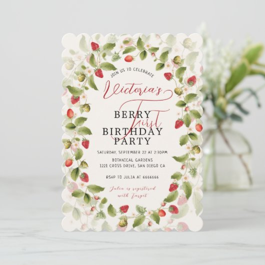 ベリースイートフレッシュワイルドストロベリーフォト誕生日 招待状 (スタンド正面)