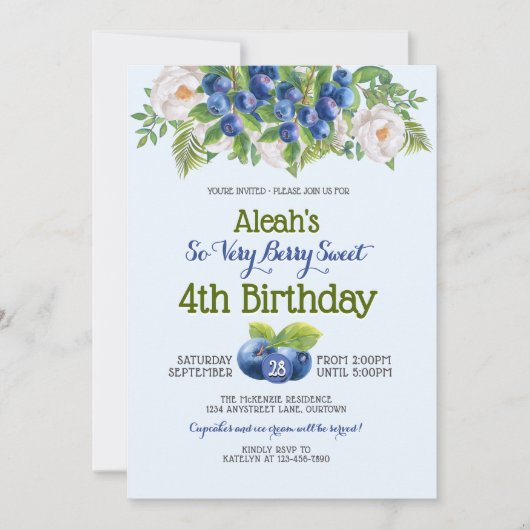 ベリースイートブルーベリーテーマガールズバースデーパーティー 招待状 (正面)