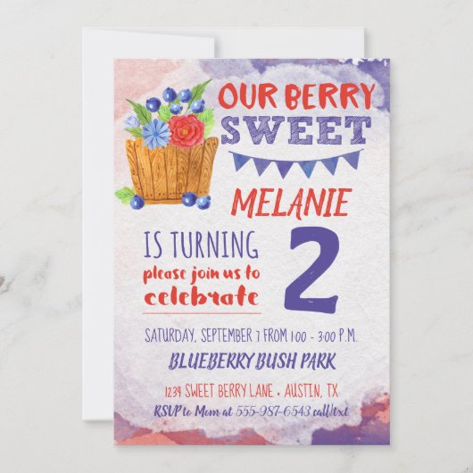 ベリースイートブルーベリーフルーツ誕生日 招待状 (正面)
